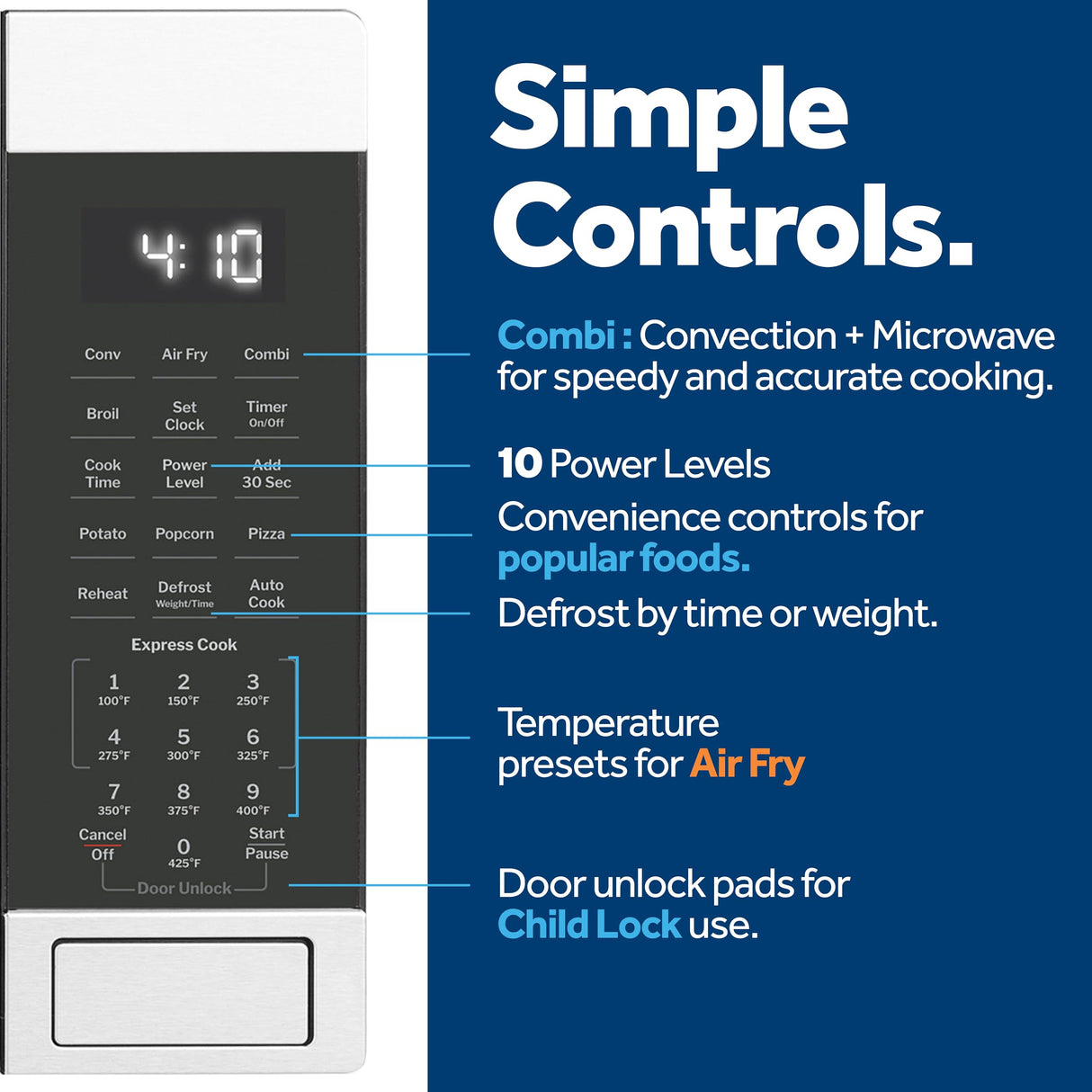 GE GCST10A1WSS 4-in-1 Microwave Oven, 1,050 Watts Air Fryer, Broiler & Convection Mode, Kitchen Essentials for The Countertop or Dorm Room, Child-Lock Technology 1.0 Cu. Ft, Stainless Steel GE