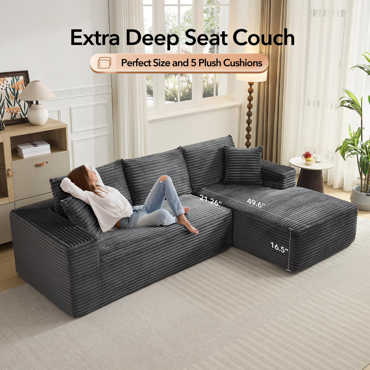 108" Cloud Sectional Couch with L-Shape Chaise, Modern Modular Sofa with Deep Seat, Boneless Cloud Couches for Living Room Bedroom, No Assembly Required, Plush Corduroy (Dark Gray, Right Facing Chaise ElfinAura