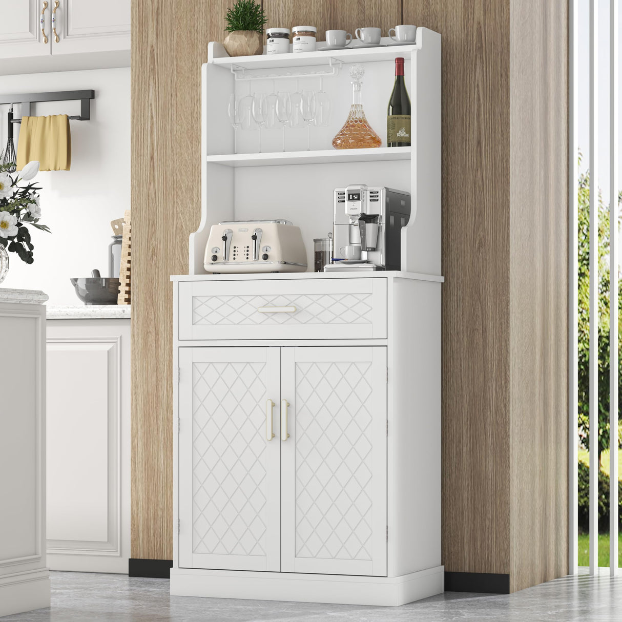 kepptory 66" Pantry Cabinet with Adjustable Shelves and Drawer, Freestanding Microwave Stand Bakers Rack with Wine Glass Holder, Kitchen Pantry Storage Cabinet for Home Office Use (White) kepptory