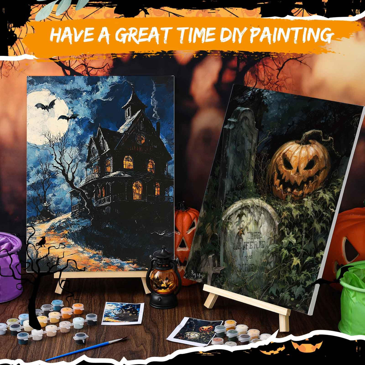 Gersoniel 6 Sets Halloween Paint by Numbers Kit for Adults, 16x12 Inch Ghost Pumpkin Sip and Paint for Beginners, Pre Drawn Oil Painting on Canvas, DIY Painting Kit Bulk Gifts for Halloween Gersoniel