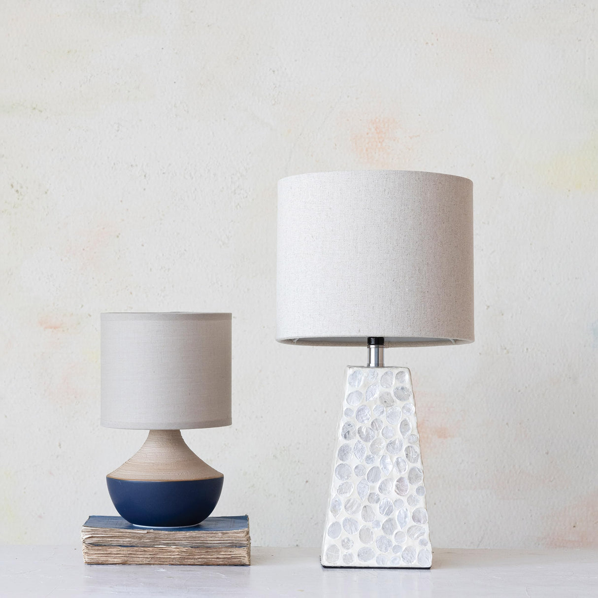 Creative Co-Op Stoneware Portable Table Lamp with Linen Shade, Black and Natural Creative Co-Op