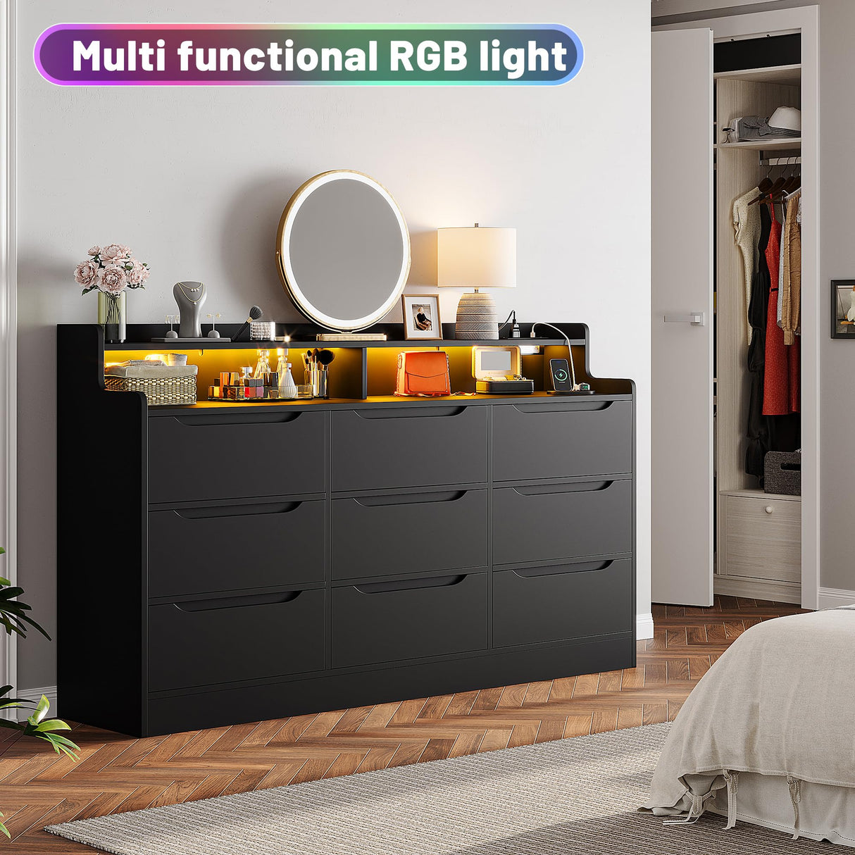 EnHomee 9 Drawers Dresser with LED Light Storage Shelves,Black Dresser for Bedroom with Charging Station,Dressers & Chests of Drawers with Handleless in Modern Style,Tall Wooden Dresser for Home EnHomee