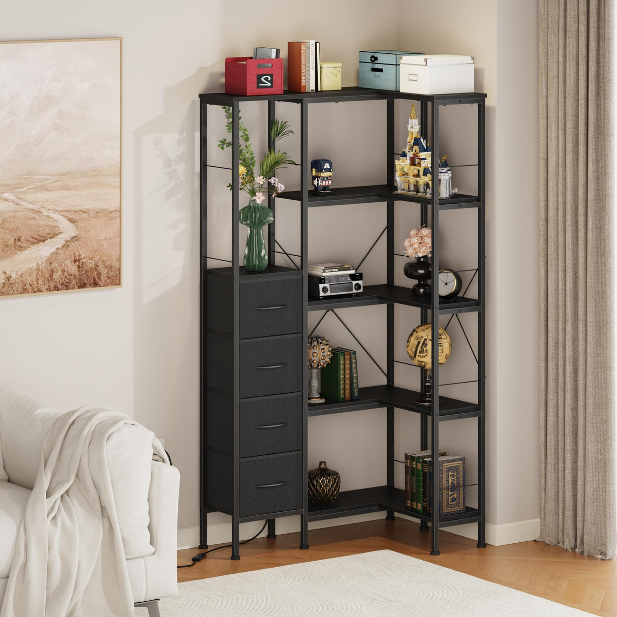 AFLUI Corner Bookshelf with LED Light Strips & 4 Fabric Drawers, 5-Tier Convertible Corner Shelf with Display Shelf, Large Wood Industrial Bookcase for Living Room, Bedroom, Home Office, Black AFLUI