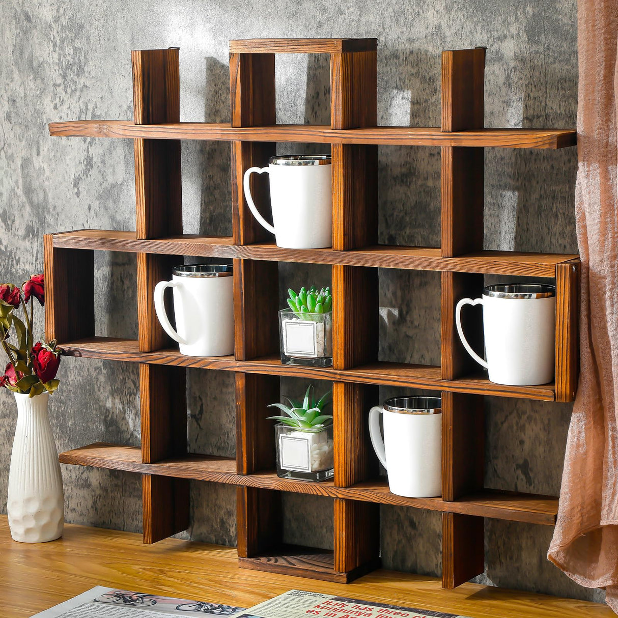 Suzile Rustic Brown Oversize Coffee Mug Display Rack Wooden Display Shelves Rustic Wooden Floating Curio Shelf Travel Mug Shelf Wall Mounted Coffee Suzile