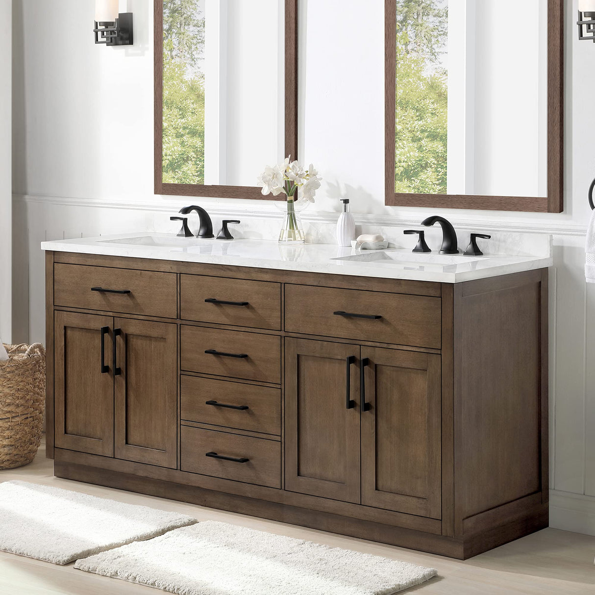 OVE Decors Maya Plus 72 in. Double Sink Bathroom Vanity in Almond Latte Finish, Black Hardware and Included Power Bar OVE Decors
