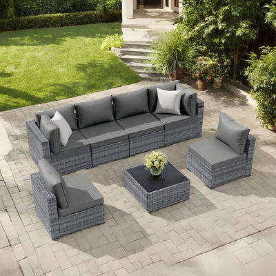 XTWEEX 7-Piece Outdoor Rattan Sectional Sofa Set, Wicker Patio Furniture with Coffee Table, Grey Cushions, Patio Conversation Set for Your Villa, Balcony, Porch, Backyard