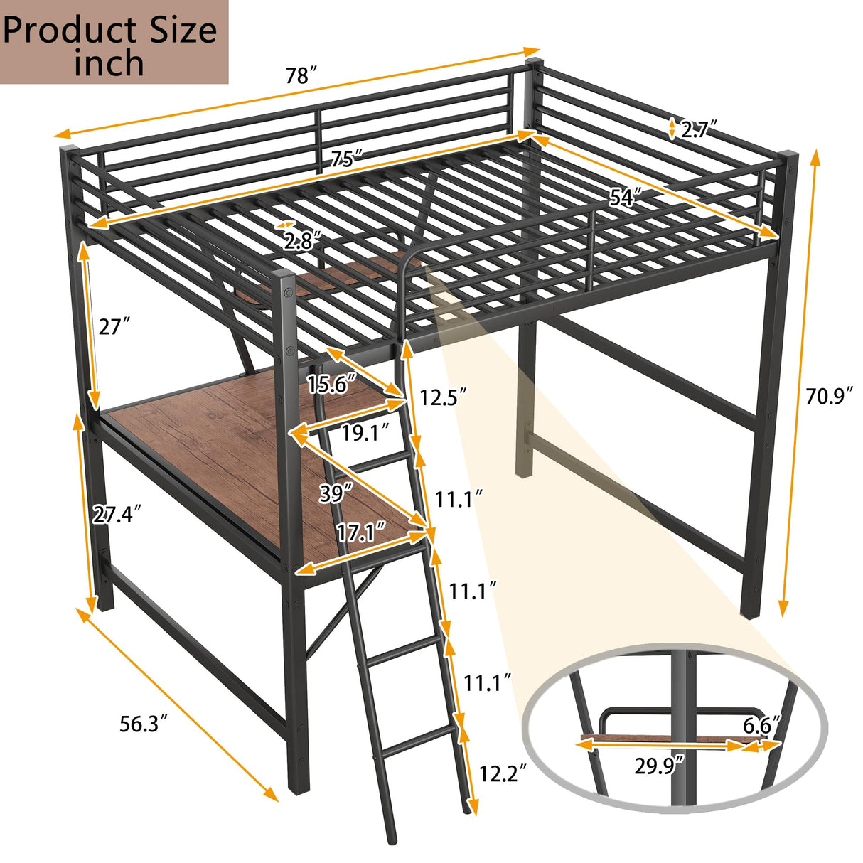 Full Size Loft Bed with Desk and Storage Shelf, Heavy Duty Loft Bed Full Size, Full Loft Bed with L- Shaped Desk and Guardrail, Full Size Loft Bed for Kids, Teens, Adults, Full Size Loft Bed Black Bellemave