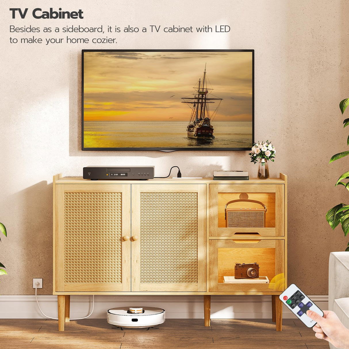 HOOBRO Buffet Cabinet with Power Outlet, 47.2" Kitchen Sideboard Storage Cabinet & LED Light, Rattan Decor Doors, Accent Cabinet Coffee Bar Cabinet Console Table for Hallway Entry, Natural NL120UDCB01 HOOBRO