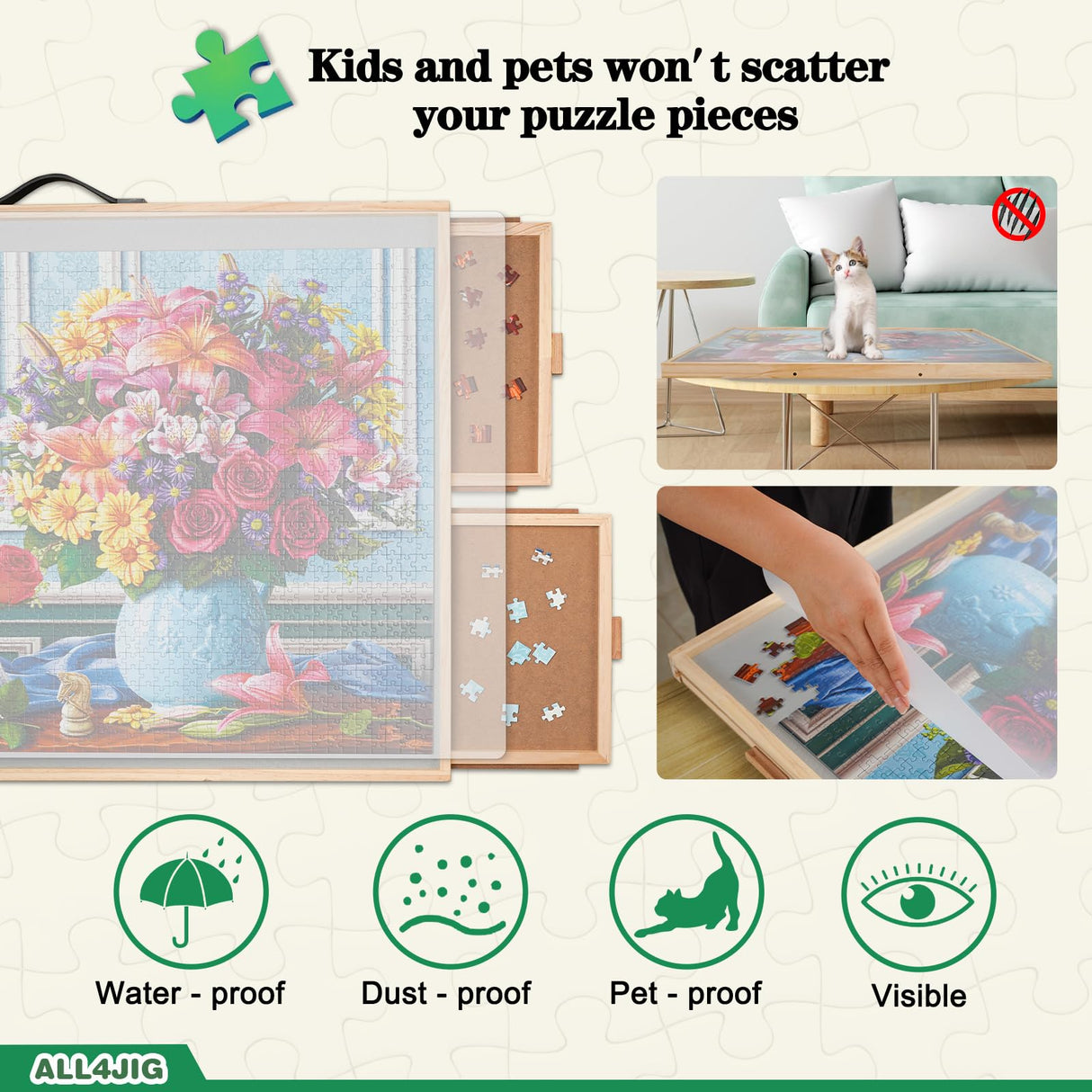 ALL4JIG 2-in-1 Tilting & Rotating Puzzle Board for 1500 Pieces, 34.2" x 25.2"Adjustable Angle Puzzle Board with 4 Drawers & Clear Protective Cover, Birthday Gift for mom ALL4JIG