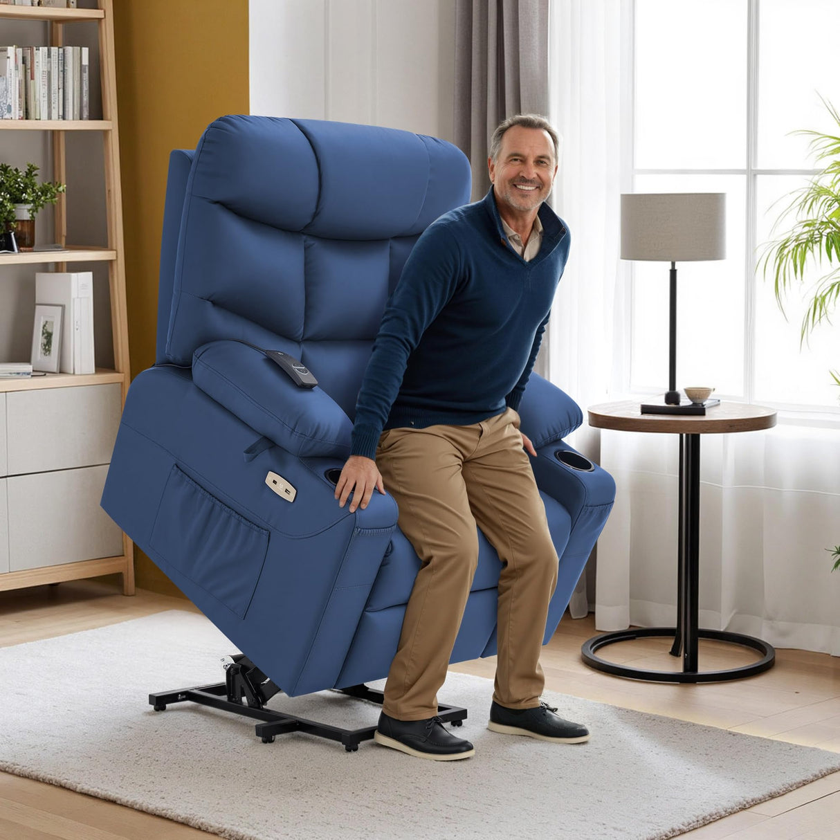 MCombo Power Lift Recliner Chair with Extended Footrest for Elderly People, Faux Leather 7287 (Navy Blue, Medium) MCombo