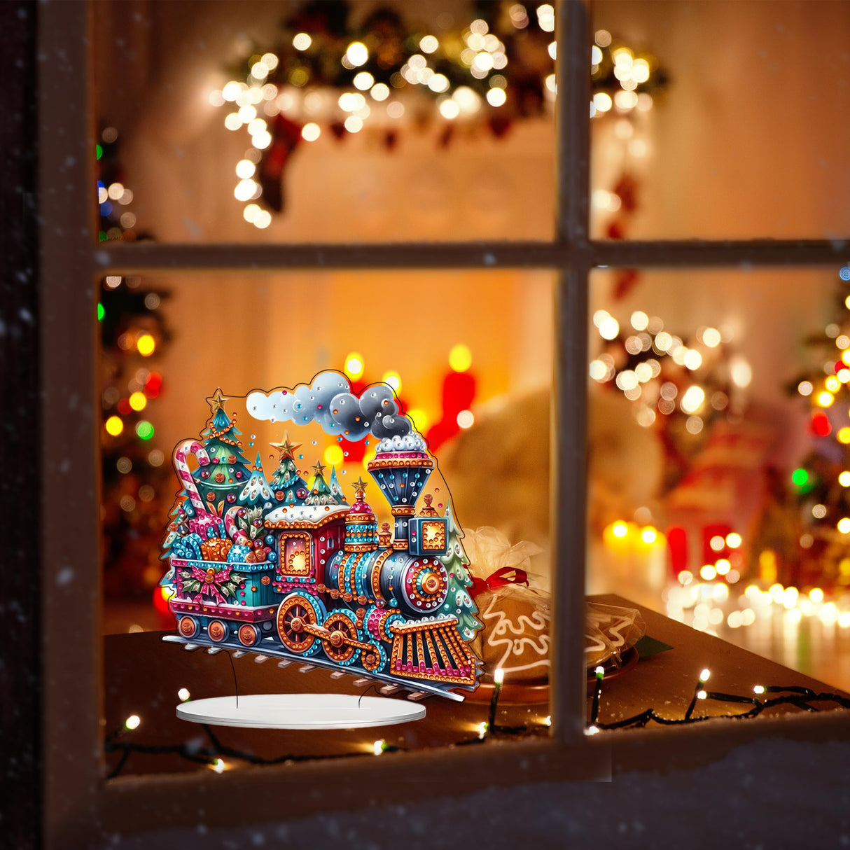 JJFox DIY Tabletop Diamond Art Painting Kit,Special Shaped Rhinestone Desk Placement Ornament,Home Stand Up Gem Painting Craft Kit,Gift. (Christmas Train-1) JJFox