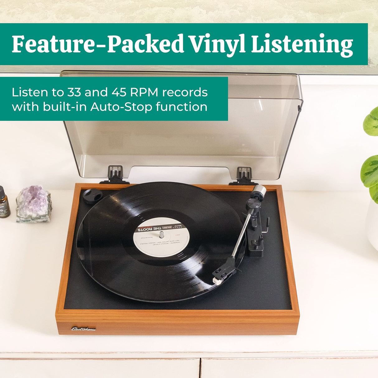 Electrohome Montrose Vinyl Record Player 2-Speed Belt-Drive Turntable, with Audio-Technica Stylus, Speed Control Motor, Built-in Preamp, Wood Plinth, Anti-resonant Platter, Auto-Stop (RR35) Electrohome