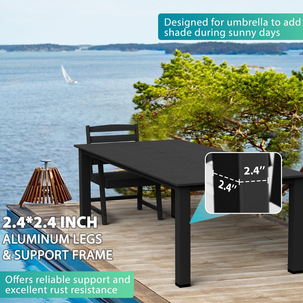 LOUNZY 9-Piece Patio Dining Set, 90'' Outdoor HDPE Luxury Table with 8 Weather-Resistant Chairs for Backyard, Deck, Lawn, Poolside, Black LOUNZY