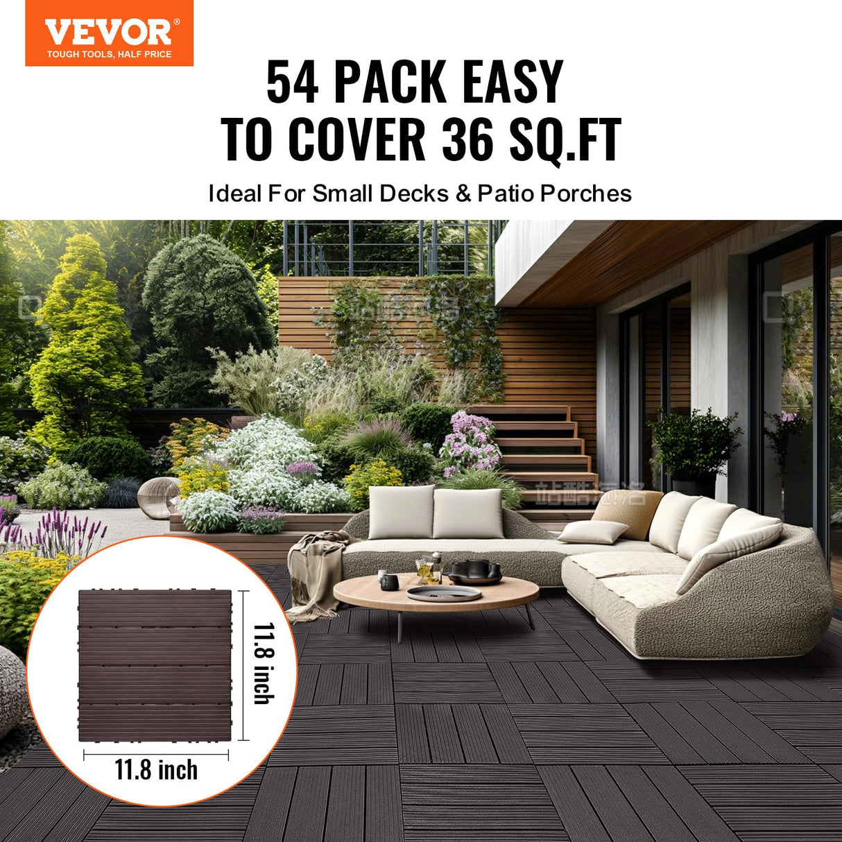 VEVOR Interlocking Deck Tiles, 54 Pack,12"x12" 54 sq. ft Plastic Waterproof Outdoor Flooring All Weather Use, Patio Floor Decking Covering Tiles for Porch Poolside Balcony Backyard, Dark Brown VEVOR