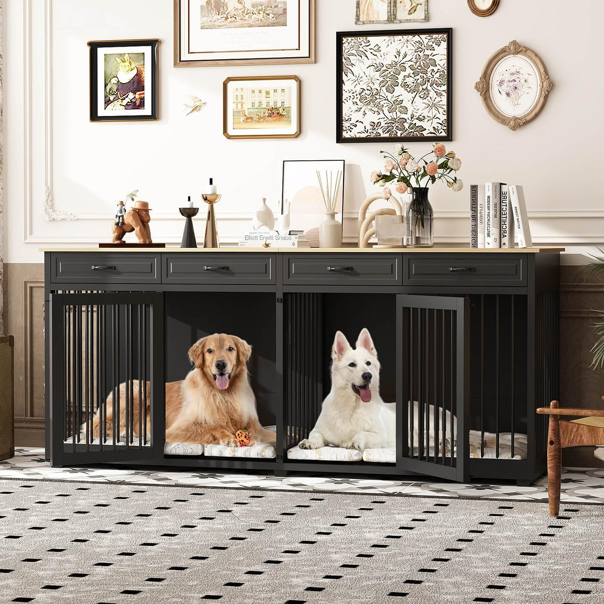 Timechee Extra Large Dog Crate, 86.6" Heavy Duty Wooden Dog Cage Furniture Dog Crate Kennel with Drawers & Removable Divider,Indoor Luxury Dog House with Double Rooms for XL L Breed Dogs, Black Timechee