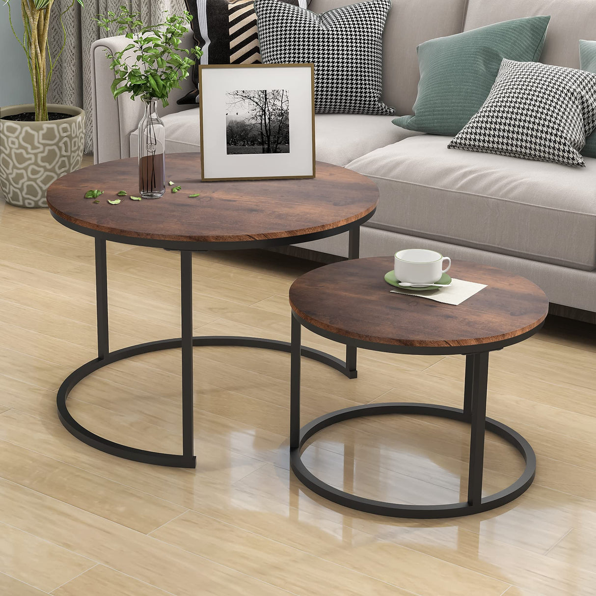 HOJINLINERO Industrial Round Coffee Table Set of 2 End Table for Living Room,Stacking Side Tables, Sturdy and Easy Assembly,Wood Look Accent Furniture with Metal Frame,Black+Rustic Brown HOJINLINERO