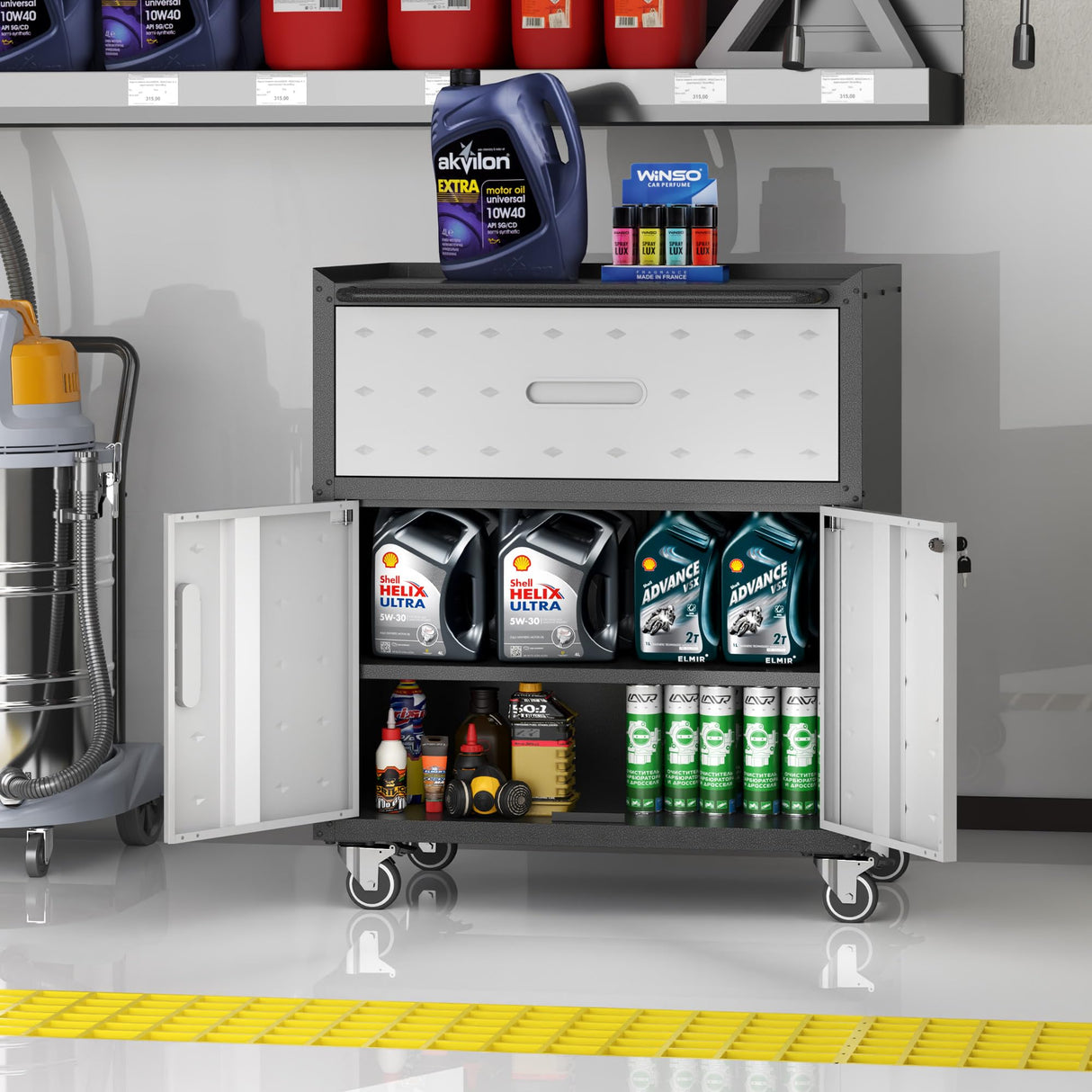 BIZOEIRON Metal Storage Cabinet with Wheels, Rolling Tool Cabinet with Adjustable Shelve, Locking Garage Storage Cabinet with 1 Drawer and 2 Doors for Tools, Assembly Required (Black/Grey) BIZOEIRON