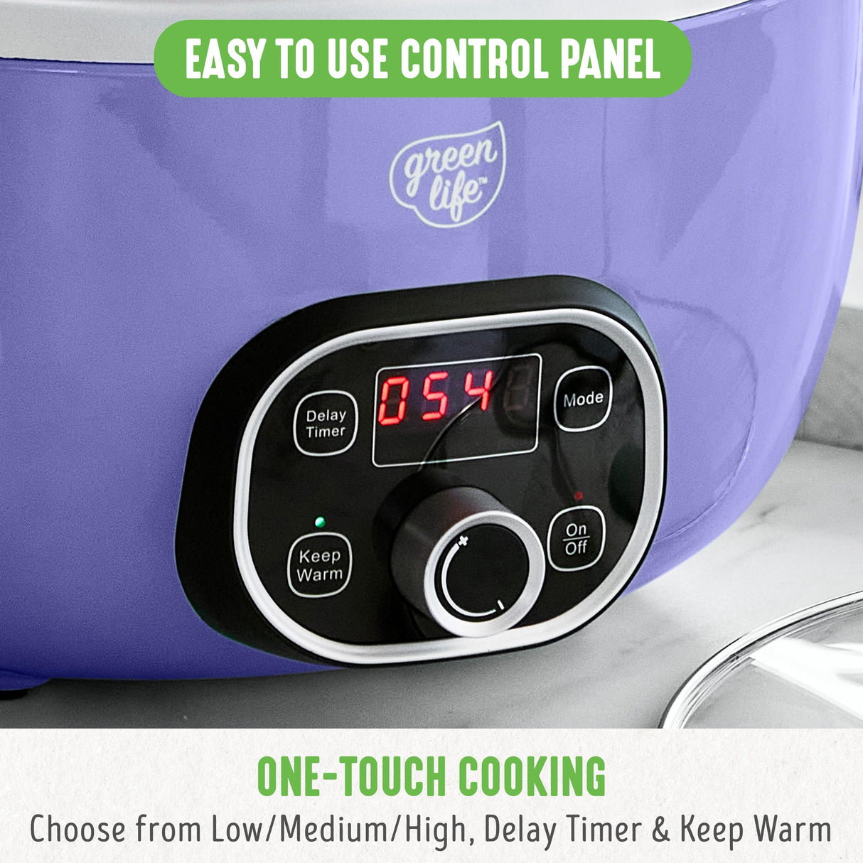 GreenLife 6 Quart Ceramic Slow Cooker, PFAS-Free, Programmable, Removable Healthy Nonstick Pot for Family Meals, Sear on Stovetop, Keep Warm, Digital Timer, Dishwasher Safe Glass Lid, Periwinkle GreenLife