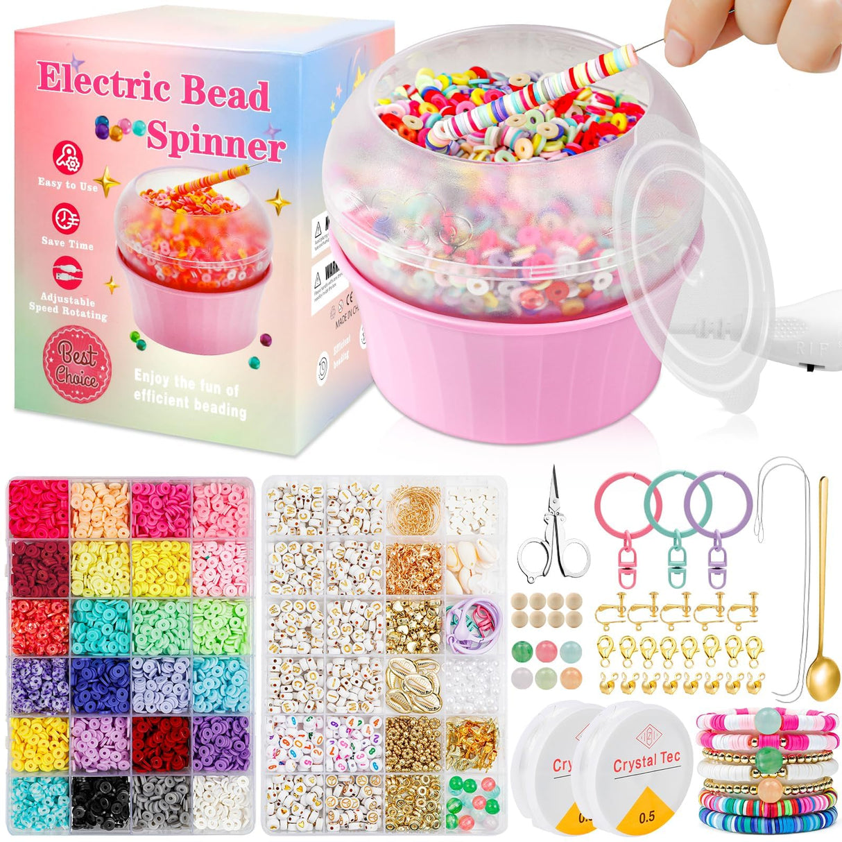 Hicdaw All-in-One Electric Bead Spinner with 7200 PCS Clay Beads for Necklaces and Bracelets, Efficient Jewelry Making Kit, Perfect Craft Gift for Teens Adults, Easy Operation, Quick Results, Pink Hicdaw