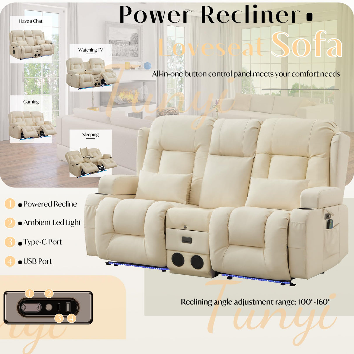 TUNYI Power Loveseat Recliner Sofa, Faux Leather Reclining Sofa with Console RV Reclining Loveseat Couch with USB/Outlet/Storage/Side Pocket/LED Light/Speaker (Cream White, Loveseat) TUNYI