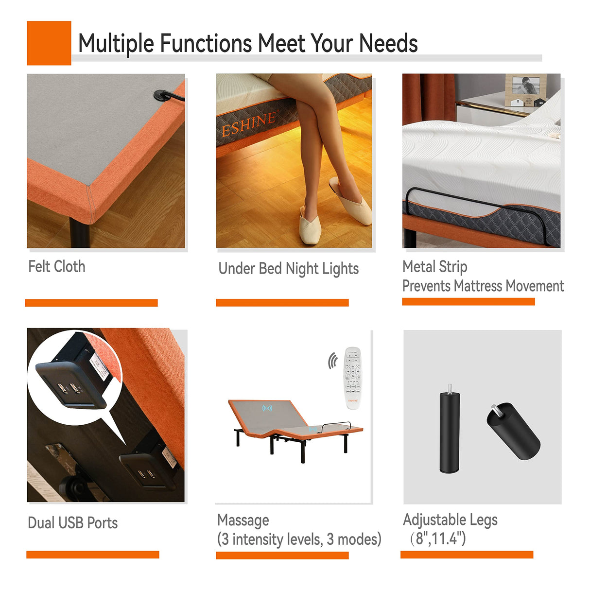 Split King Adjustable Bed Frame with Mattress - 14” Luxury Hybrid Mattress, Smart APP Contorl, Massage, Zero Gravity, Anti-Snore, 5 Minutes Installation, Head and Foot Incline, Medium Soft, Split King ESHINE