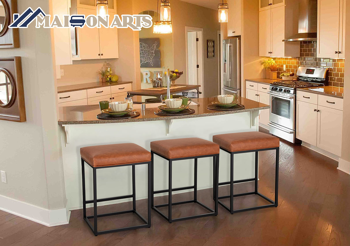MAISON ARTS Counter Height Bar Stools Set of 3 for Kitchen Counter 24 Inch Backless Modern Barstools Industrial Upholstered Faux Leather Stools Farmhouse Island Chairs, Brown MAISON ARTS