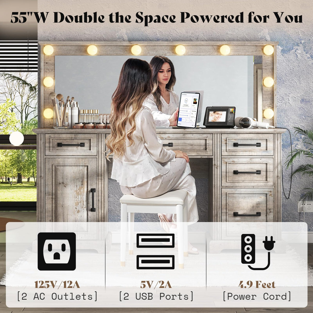 AMERLIFE 55.1" W Makeup Vanity with Hollywood Mirror, Glass Top Vanity with 5 Drawers & Adjustable Cabinet & Charging Station, 10 Detachable Light Bulbs, Bedroom/Salons, Light Oak AMERLIFE