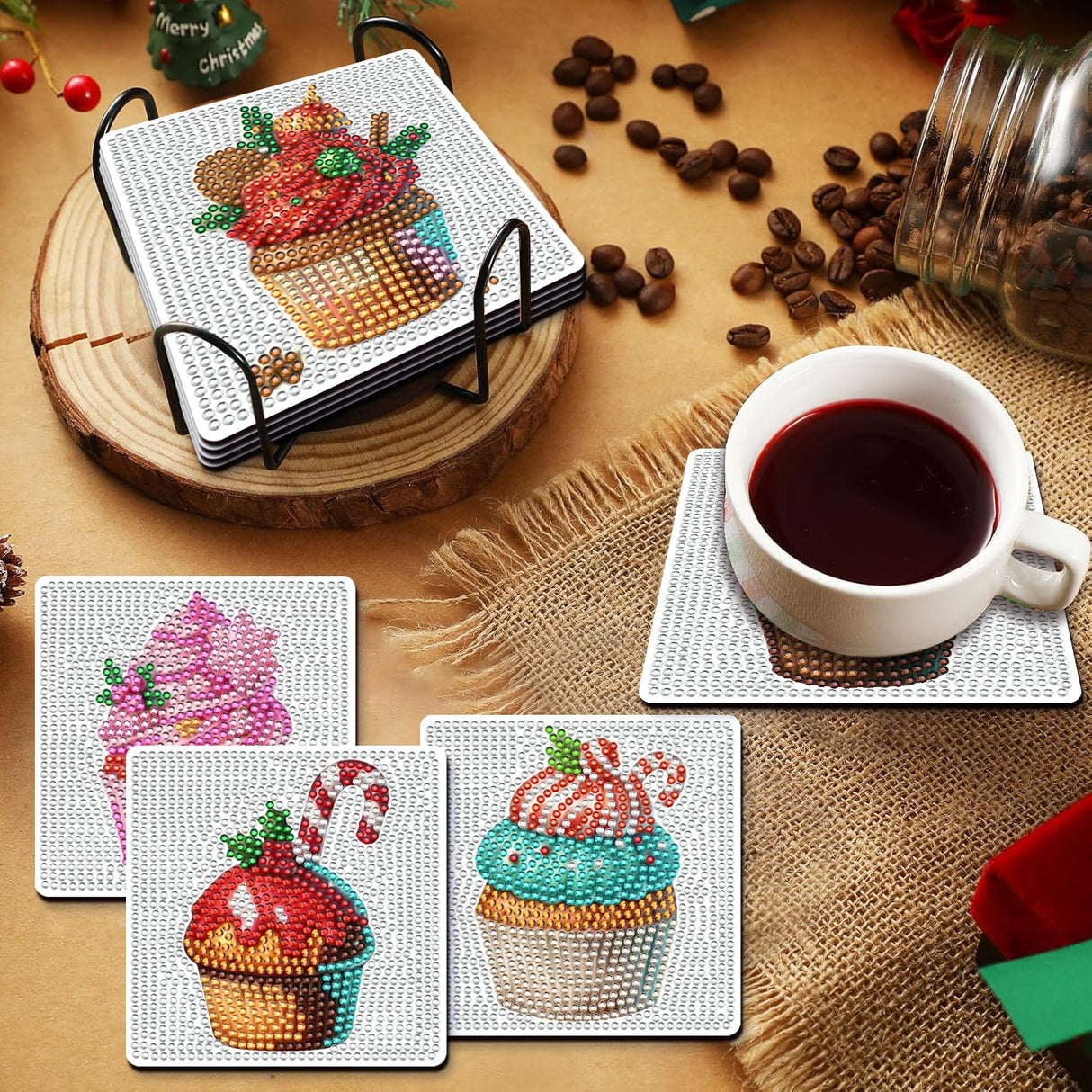 DIY Diamond Art Painting Fashion Coasters with Holder for Adults (Christmas Cupcake Coasters) YIMORE
