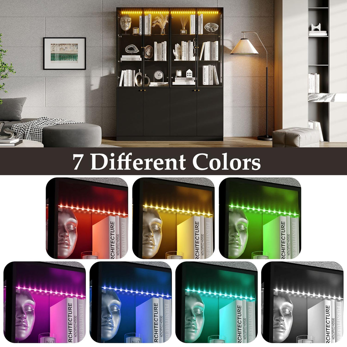 Timechee Large Glass LED Book Shelf, Tall Black Bookcase Storage Cabinet with Tempered Glass Doors and Shelves, Lighted Display Cabinet for Collections, Modern Wide Bookshelf for Living Room, Bedroom Timechee