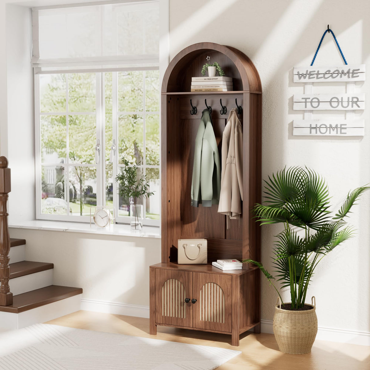 Hall Tree with Bench and Shoe Storage, Entryway Storage Bench with Coat Rack, 70.9"Arch Coat Rack with 4 Hooks and 2 Fluted Doors, Farmhouse Style Furniture Organizer for Hallway (Walnut, 23.7"W) Mxtxmy