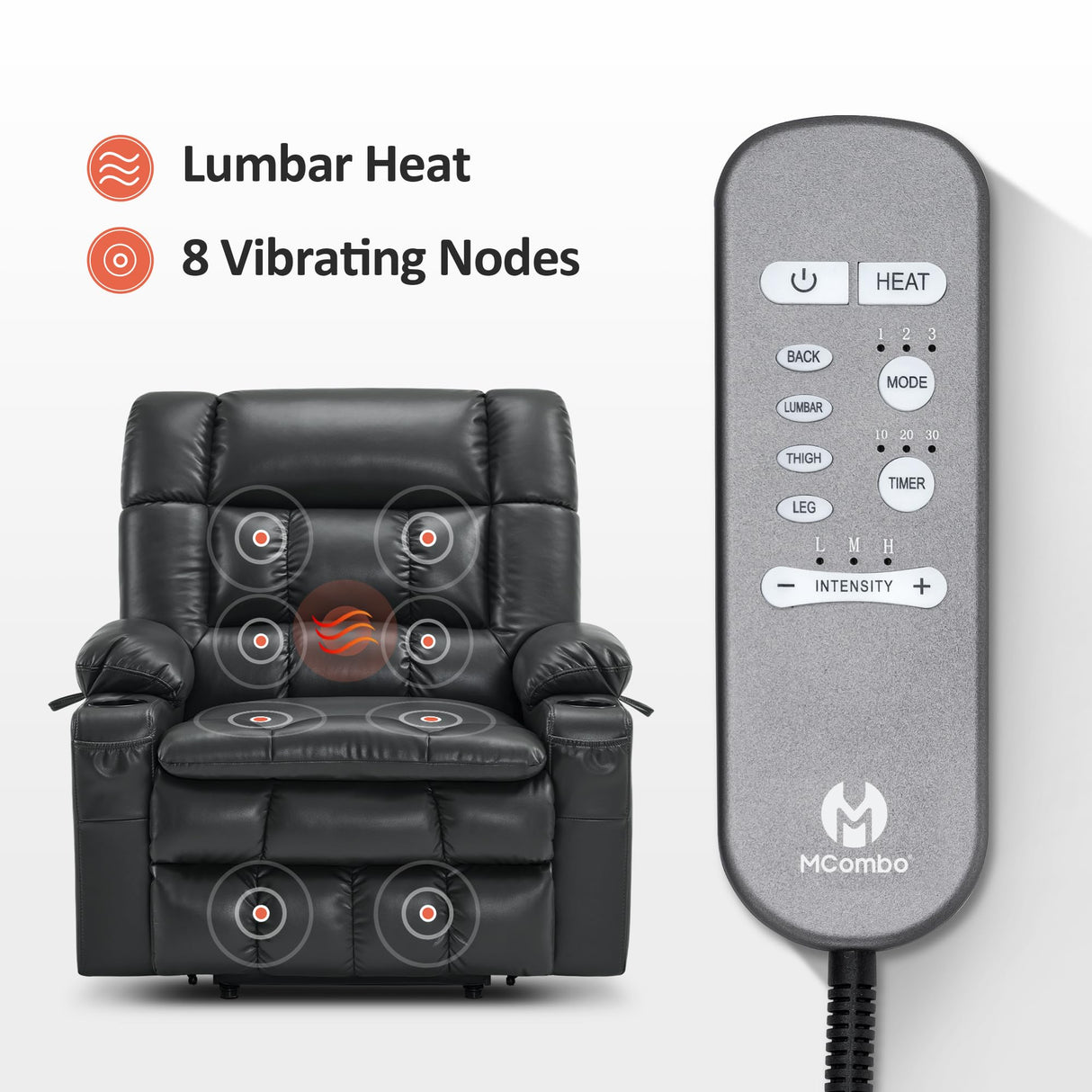 MCombo Dual Motor Power Lift Recliner Chair for Elderly, Lay Flat Lift Chair with Heat and Massage, Petite Wide Lift Chair, Cup Holders, USB A&C Ports, Faux Leather R7894 (Black, Small-Wide) MCombo