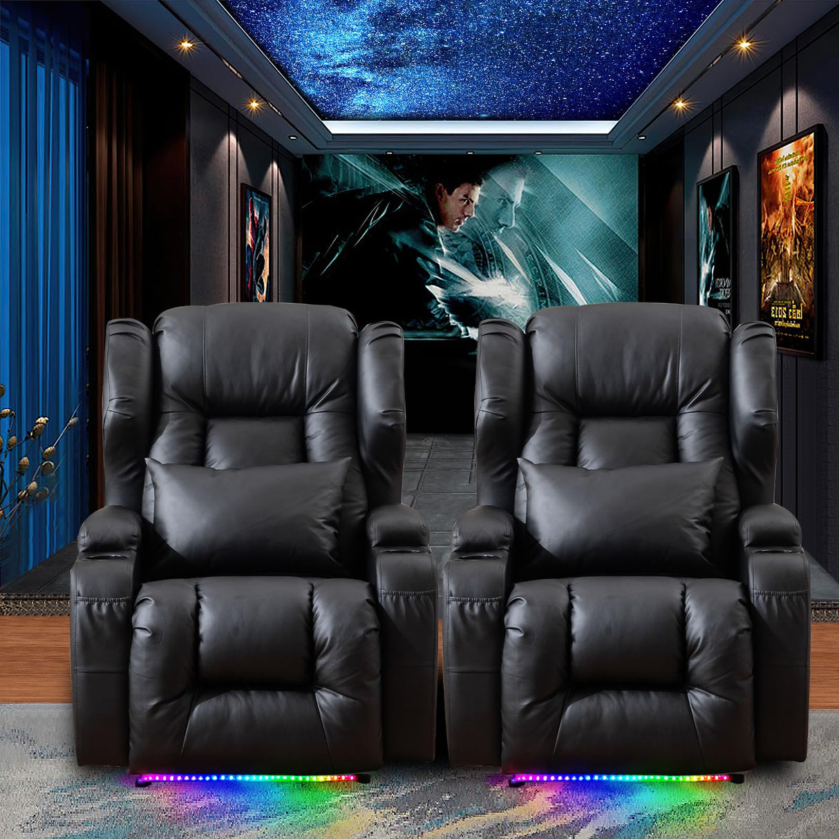 3PC Power Recliner Chair Set of 3 with Massage and Heat - Home Theater Seating Seats with LED Lights, Game Movie Theater Recliner Sofa Chairs for Living Room Reclining Chair with Cup Holder/USB SAMERY