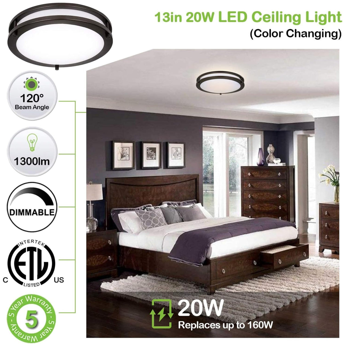 13 inch Flush Mount LED Ceiling Light Fixture, 2700K/3000K/3500K/4000K/5000K Adjustable Ceiling Lights, Oil Rubbed Bronze Saturn Dimmable Lighting for Hallway Bathroom Kitchen or Stairwell, ETL Listed hykolity