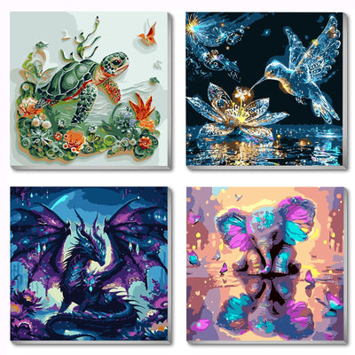 4 Pack Animals Paint by Numbers Kit for Adults Beginner,DIY Hummingbird Sea Turtle Painting by Numbers Kits,Dragon Elephant With Brushes and Acrylic Paint(With Frame),Home Wall Decor 10 x 10 in