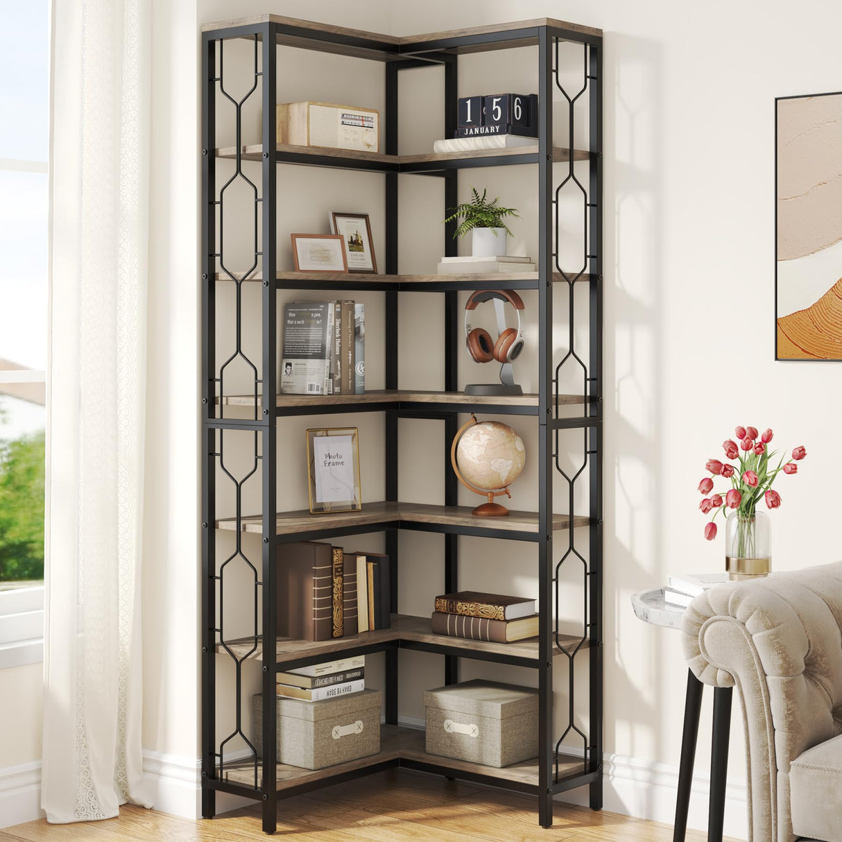 LITTLE TREE Bookshelf, 7-Tier Bookcase, Tall Book Shelf Modern Book Case for Books, Garage Kit, CDs, Movies, Industrial Corner Storage Organizer for Bedroom Home Office Kitchen Living Room, Grey LITTLE TREE