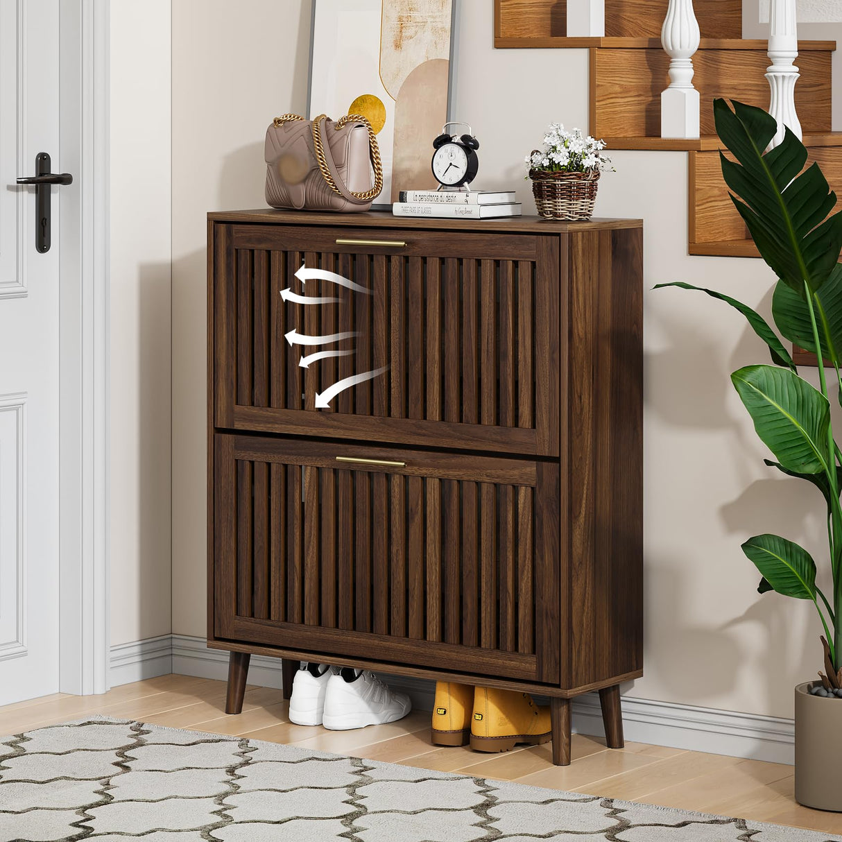 Shoe Cabinet, Shoe Storage Cabinet with Louvered 2 Flip Drawers, Narrow Shoe Cabinet Storage for Entryway, Freestanding Shoe Organizer Cabinet with Golden Handles, Slim Shoe Rack Cabinet (Walnut) Algherohein