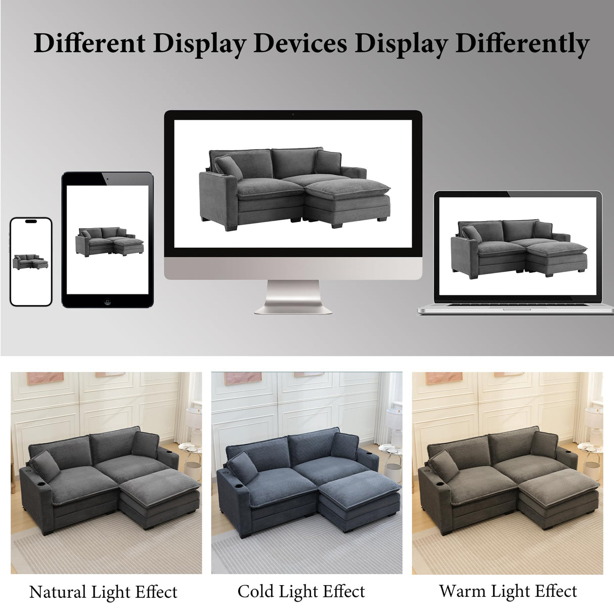 82.7" L Shaped Sectional Sofa with Cup Holders & USB Ports, Modern Loveseat Cloud Couch with Ottoman for Living Room, Apartment, Small Spaces, Grey Corduroy Tmsan