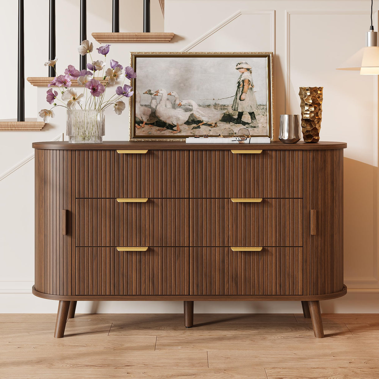 Decofy Fluted 6 Drawers Dresser, 55'' Wide Mid Century Modern Chest of Drawers with Sliding Door & Metal Handles, Curved Profile & Sturdy Legs, Wood TV Stand for Bedroom, Living Room (Walnut) Decofy