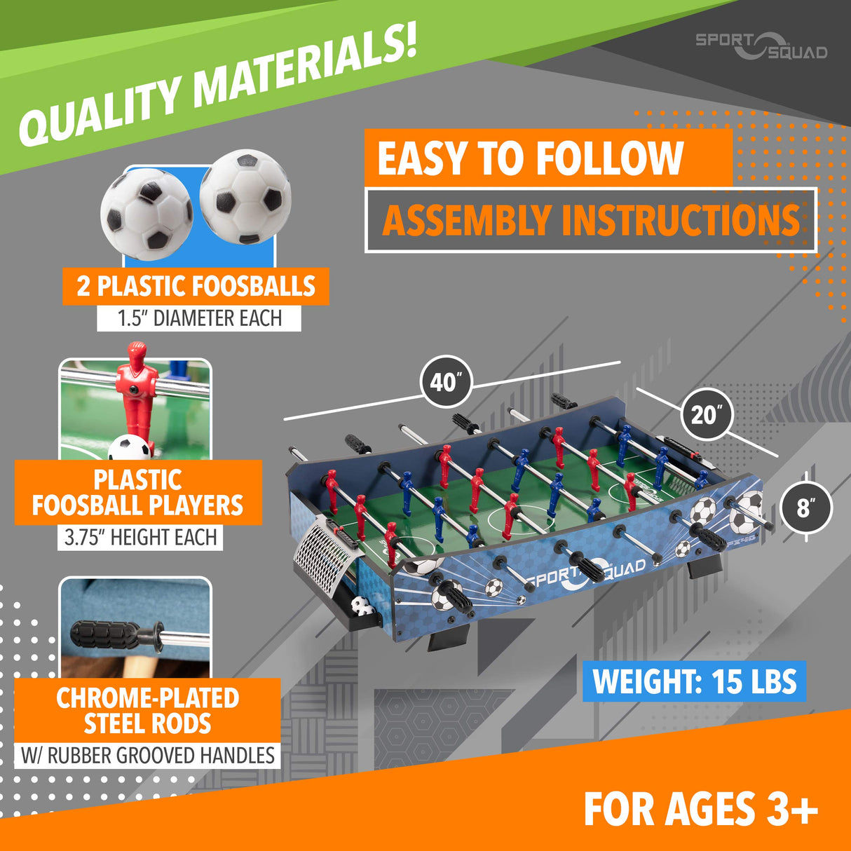 Sport Squad FX40 40 inch Table Top Foosball Table for Adults and Kids - Compact Mini Tabletop Soccer Game - Portable Recreational Hand Soccer for Game Room & Family Game Night - Incl. 2 Foosball Balls Sport Squad