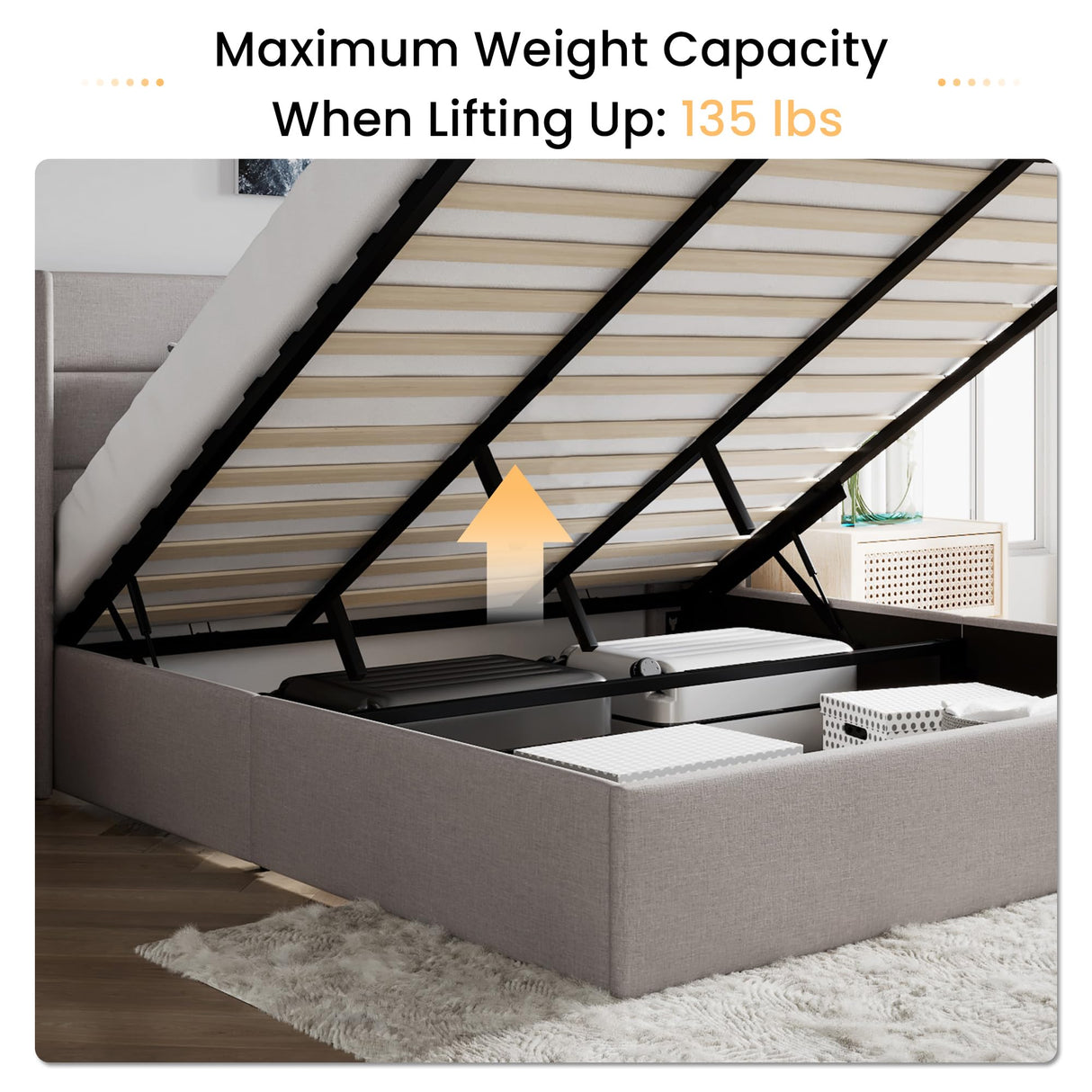 SHA CERLIN King Size Lift Up Storage Bed/Modern Wingback Headboard/Upholstered Platform Bed Frame/Hydraulic Storage/No Box Spring Needed/Wood Slats Support/Light Beige SHA CERLIN