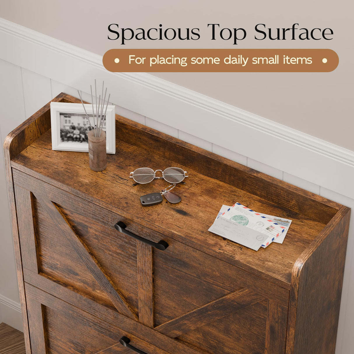 MU Shoe Storage Cabinet with 2 Flip Drawers, Freestanding Shoe Rack Cabinet with Metal Legs, Hidden Shoe Organizer Cabinet for Entryway, Living Room, Rustic Brown MU