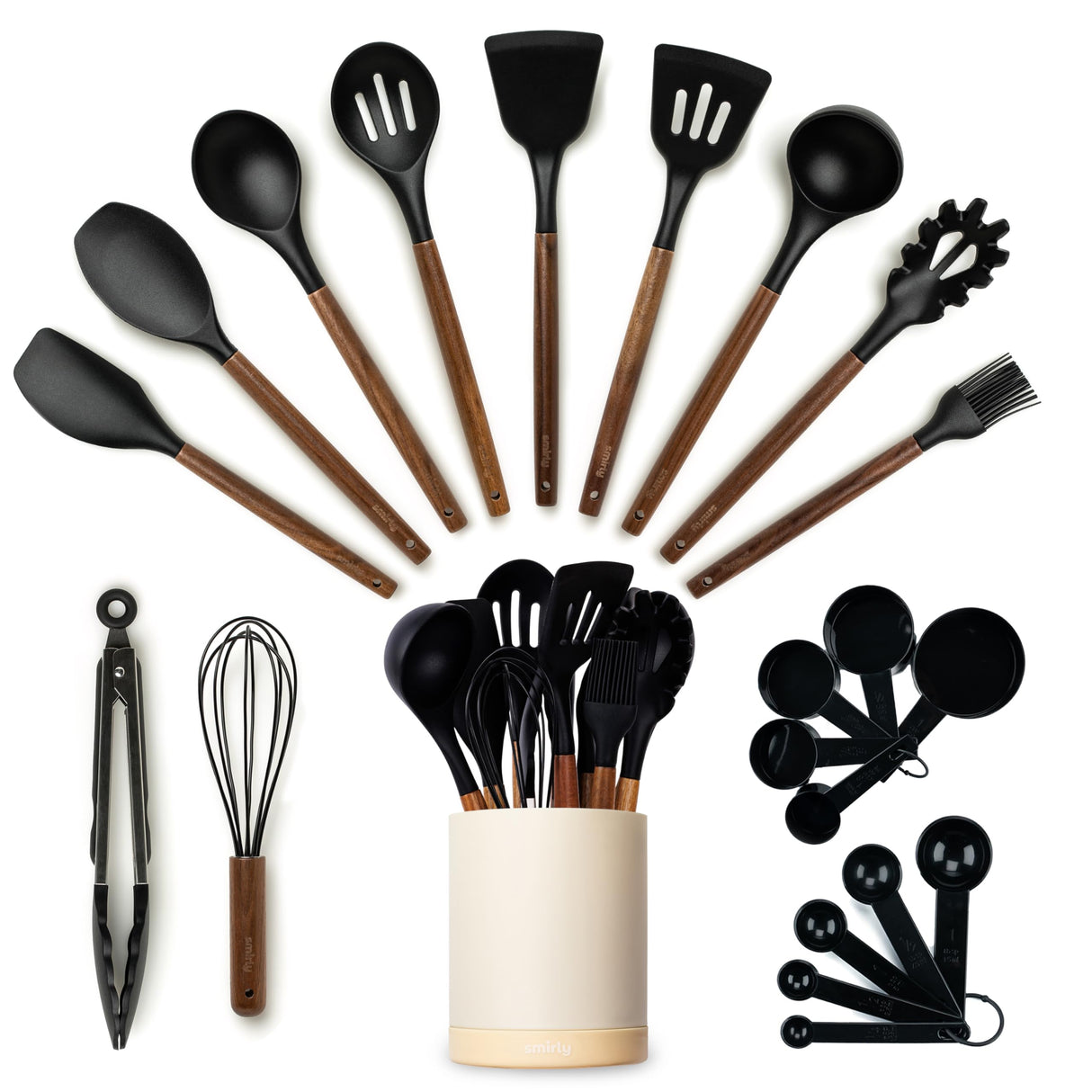 Silicone Kitchen Utensils Set & Holder: Cooking Utensils Set - Kitchen Essentials for New Home & 1st Apartment- Silicone Spatula Set, Cooking Spoons for Nonstick Cookware (Acacia Wood, Black) SMIRLY
