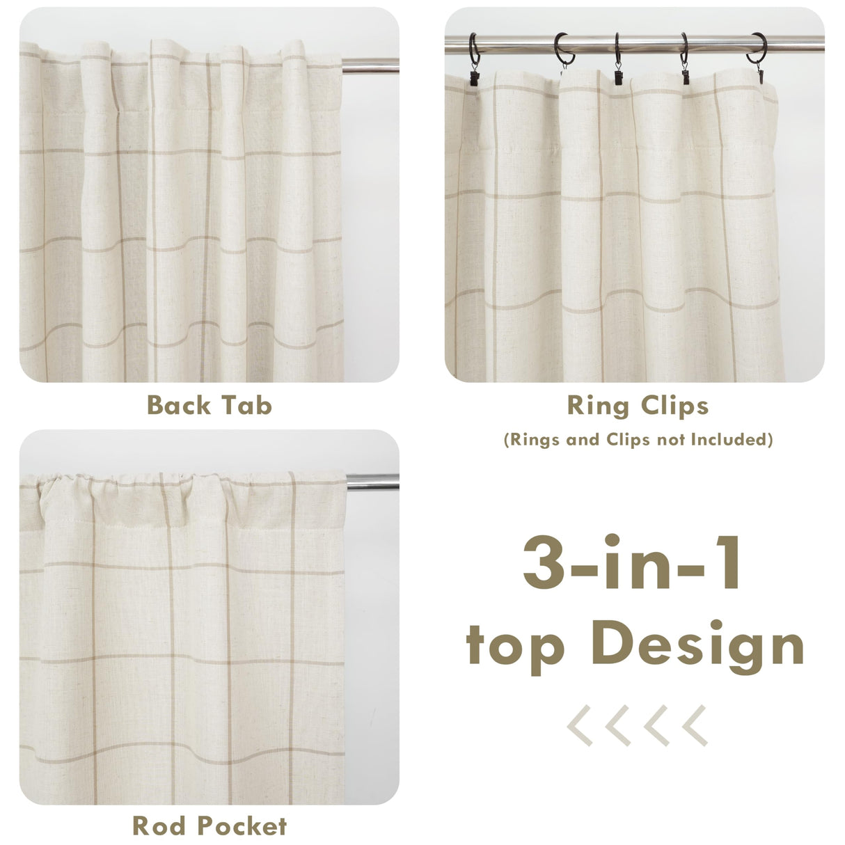 DriftAway 2 Panels 100% Blackout Windowpane Plaid Linen Curtains Double Layer Drapes for Bedroom 84 Inches Long Farmhouse Thermal Insulated 3.25 Inch Rod Pocket Back Tab for Living Room Taupe DriftAway