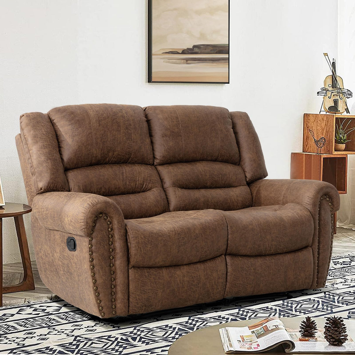 EBELLO Faux Leather Manual Loveseat Recliner, 2 Seat Reclining Sofa Chair with Soft Padded Seat Backrest, Couch Sofa Set for Living Room, Bedroom Furniture, Meeting Room, Brown (Loveseat) EBELLO