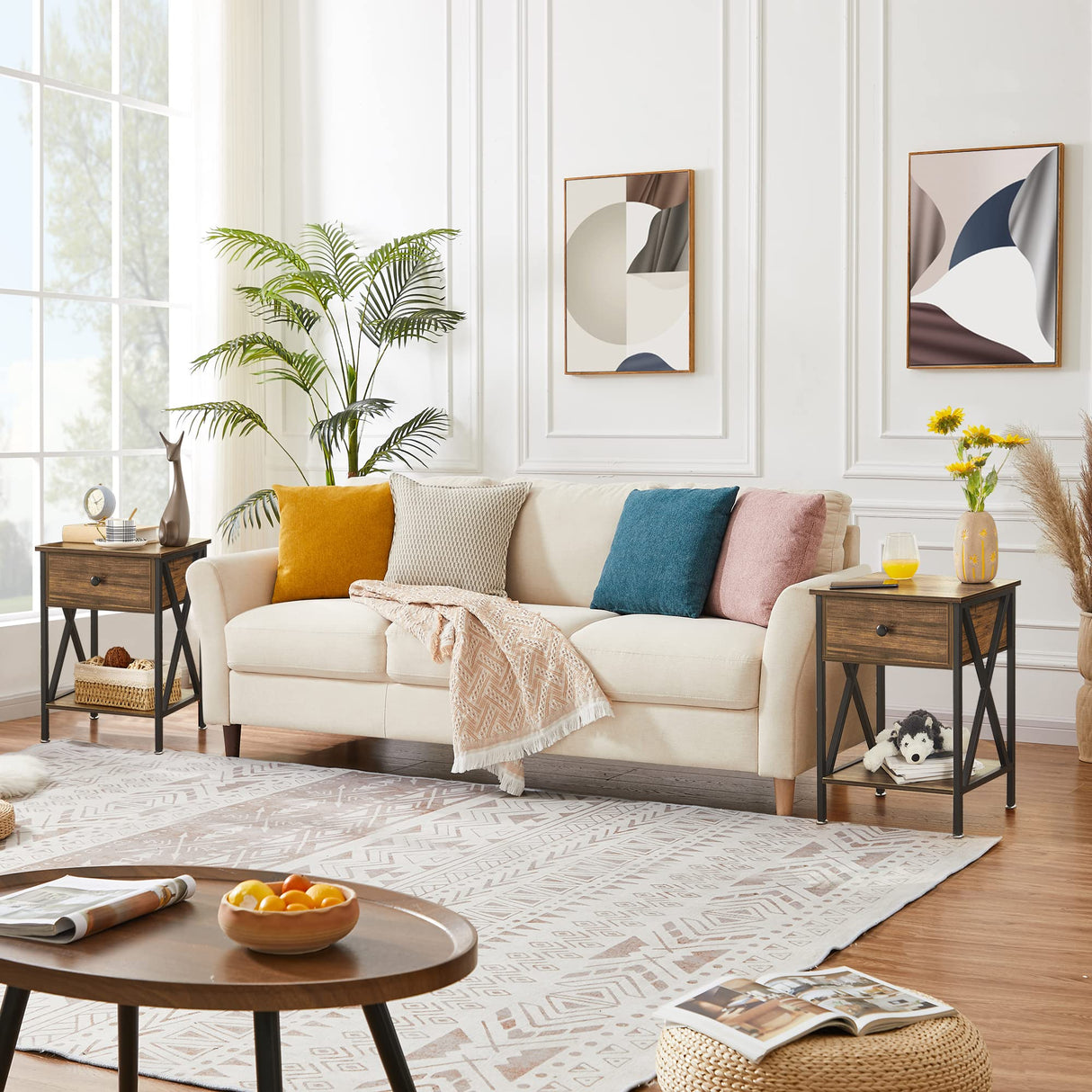 VECELO Nightstands Set of 2, Modern Bedside End Tables, Night Stands with Drawer and Storage Shelf for Living Room Bedroom, Industrial Metal Frame VECELO