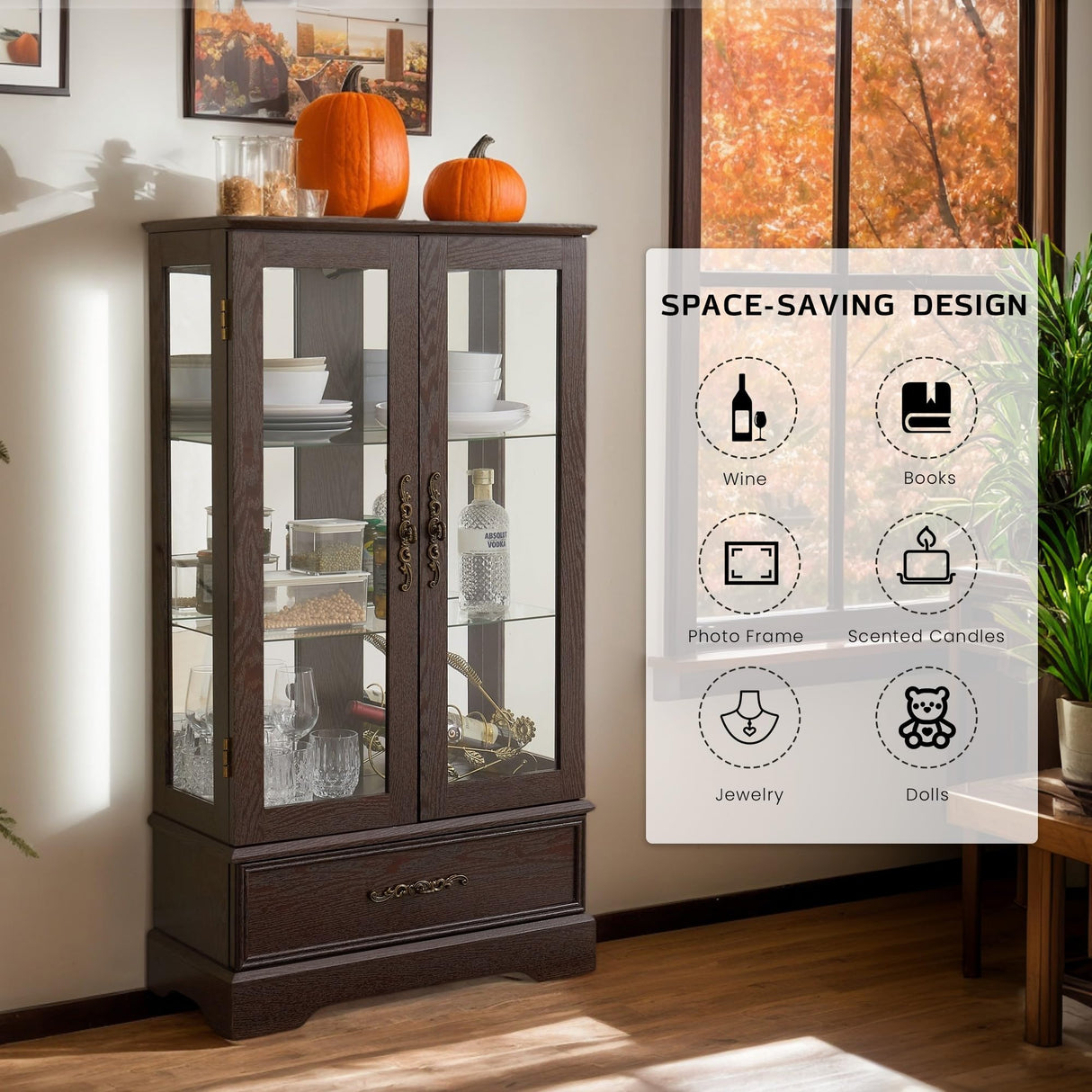 CKEASEAN Curio Cabinet 47" H Vintage Glass Display Cabinet with 3-Tier Adjustable Glass Shelves, Acrylic Mirrored Back Pane, Light Blub Included, China Cabinet for Living Room (Dark Cherry) CKEASEAN