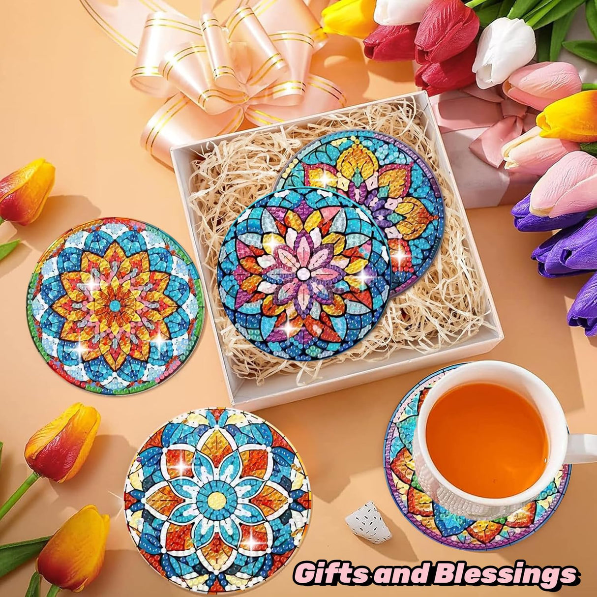 Puraikcmi 6pcs DIY Mandala Diamond Art Painting Kits Coasters with Holder, Diamond Art Coasters Adults Beginners, Flower Diamond Art Crafts Supplies Puraikcmi