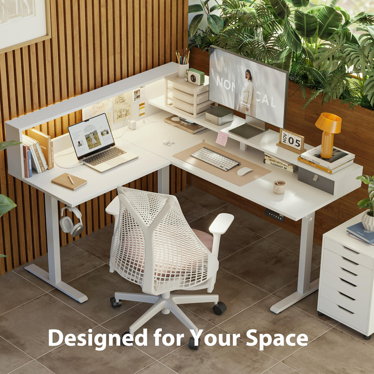 Agilestic L-Shaped Electric Standing Desk, 63x55 Inch Ergonomic Adjustable Height Desk with Storage, Stand Up Corner Desk Sit Stand Computer Table Power Outlet & LED Lights, Office Table, White Agilestic