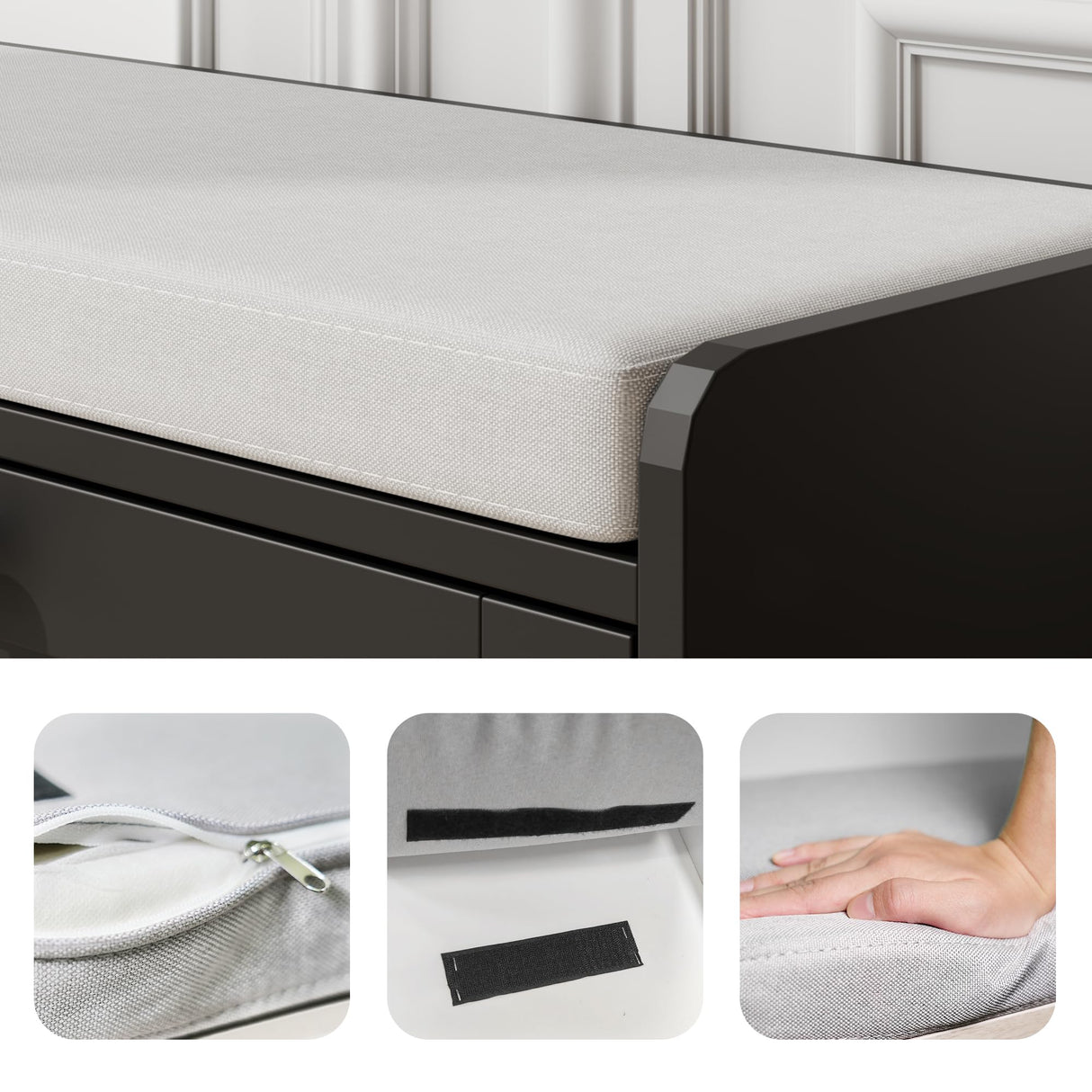 MHOM Black Modern Entryway Bench with 2 Flip Drawers, Shoe Rack with Padded Seat Cushion, Wooden Storage Bench for Bedroom and Apartment MHOM