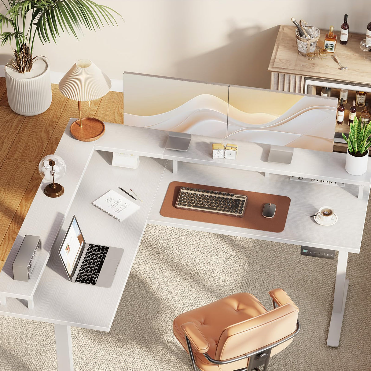 AODK Electric L Shaped Standing Desk, 59 Inch Height Adjustable Stand Up Desk with Power Outlets & Full Monitor Stand, Reversible Corner Desk for Home Office & Computer Workstation, White AODK